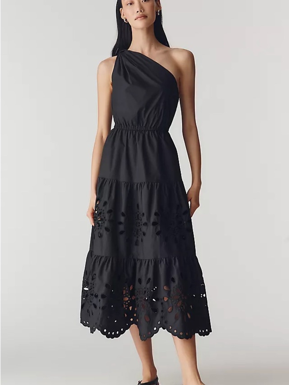 English Factory One-Shoulder Black Eyelet Midi Dress Size Small